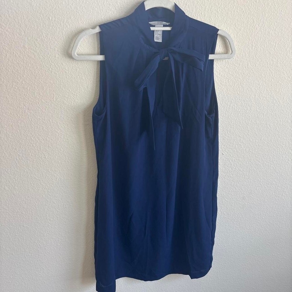 H&M Navy Blue Sleeveless Bow Tie Neck Blouse Top Womens 8 Workwear Professional